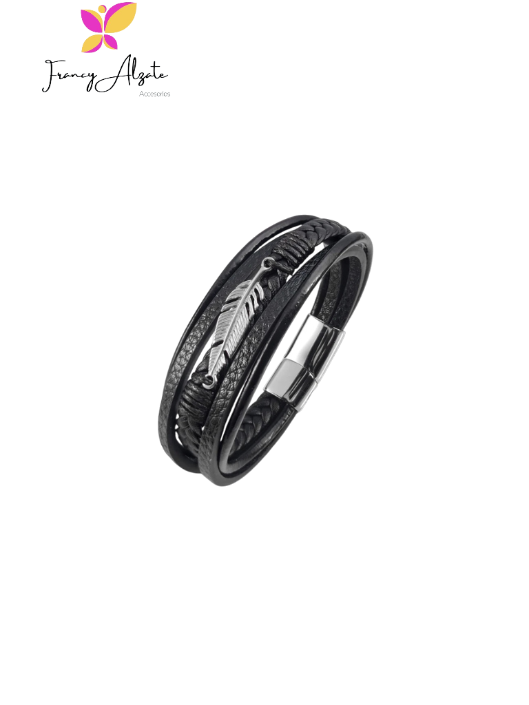 Pulsera negra en cuero centro pluma