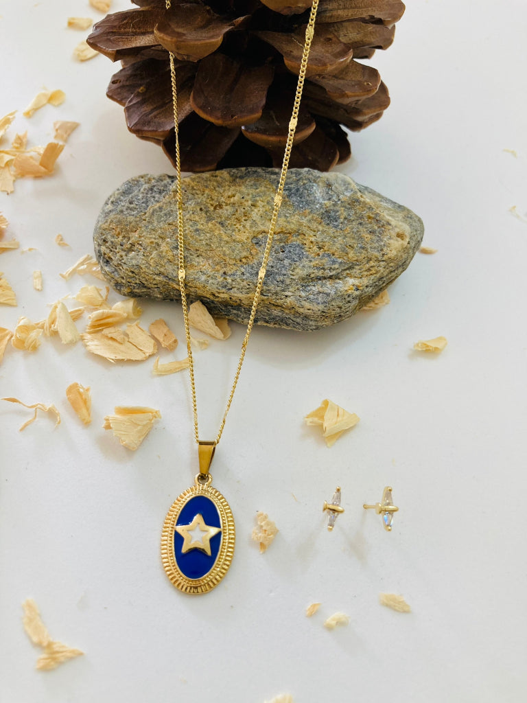 Cadena en covergold dije medalla tipo estrella con topos