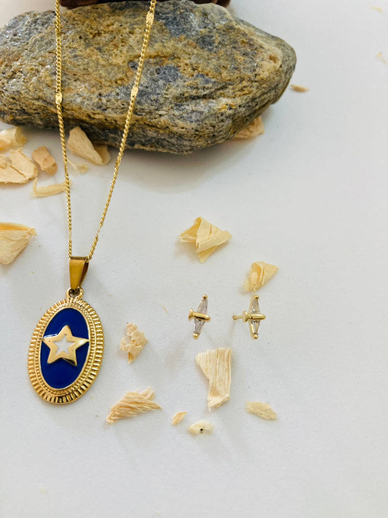 Cadena en covergold dije medalla tipo estrella con topos