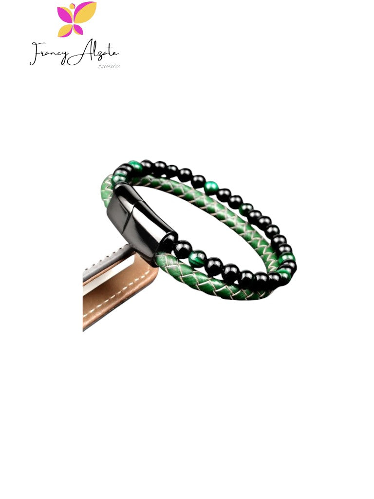 Pulsera negra en cuero verde con piedras naturales