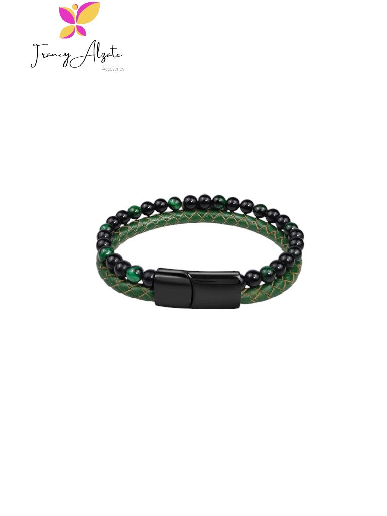 Pulsera negra en cuero verde con piedras naturales