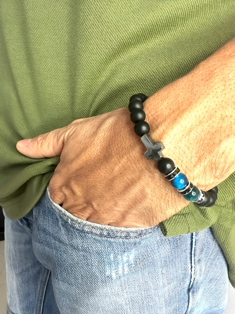 Pulsera elástica ojo de tigre azul y ágata mate