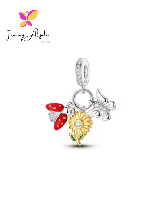 Dije pandora  mariposa, girasol y mariquita